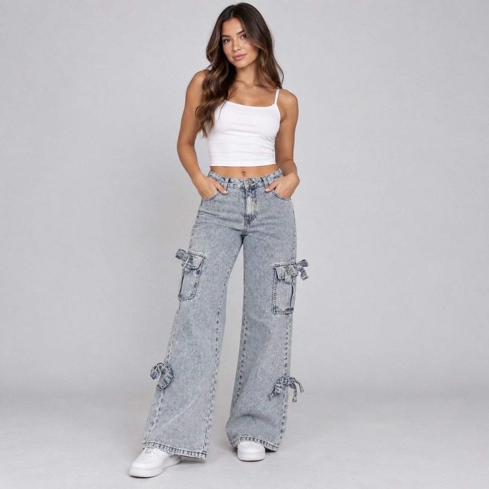 Forever 21 Jeans Women 24 Blue Premium Cargo Light Wash Wide Leg Bow Detail Y2K